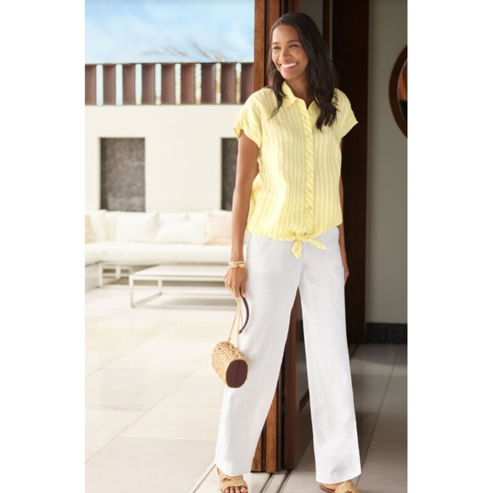Talbots Linen Tie-Hem Button Front Top Yellow White Stripe Shirt Beachy Vacay LP
